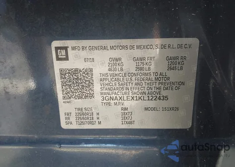 2019 Chevrolet Equinox Lt z USA, uszkodzony, nr VIN 3GNAXLEX1KL122435
